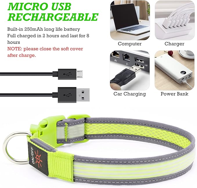 YFbrite Full Adjustbale LED Dog Collar, Full Illuminated Light up Dog Collars, Reflective Dog Collar Light Glowing in The Dark for All Dogs Safety (Medium, Green-2)