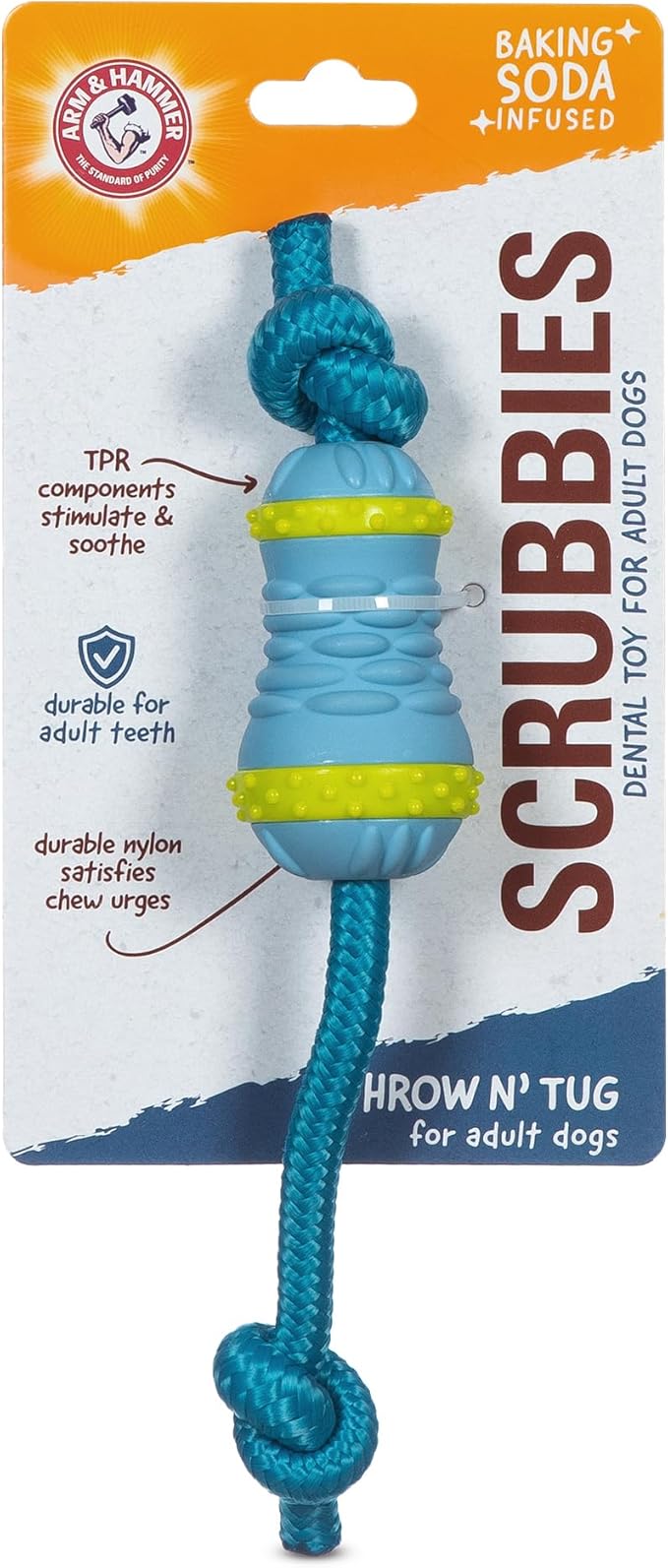 Arm & Hammer for Pets Throw N’ Tug Dental Chew Toy Infused with Baking Soda - Perfect for Aggressive Chewers, Large Dogs, and Tug of War Play - Rope Component for Tossing Fun - Dental Health Support