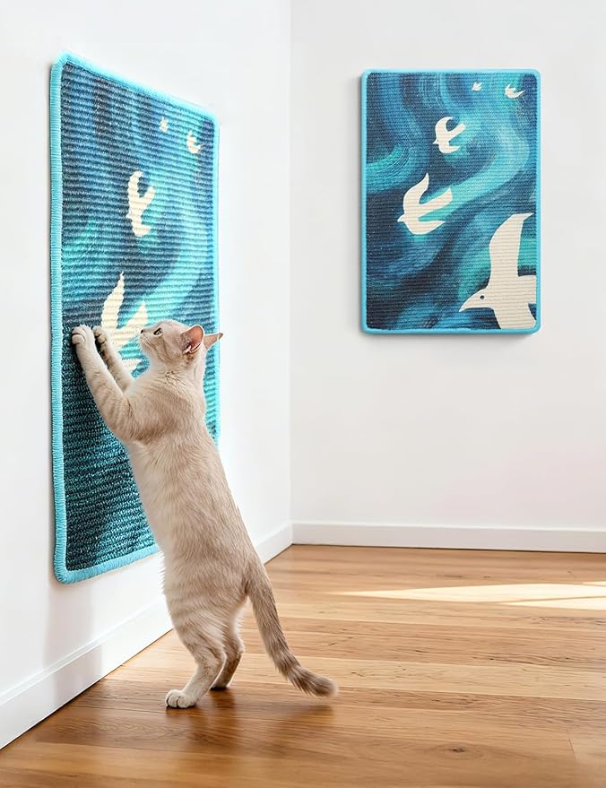 3-in-1 Sisal Cat Scratcher Mat 23.6x15.7'' Protects Carpet Couch & Furniture with Sticker Tape, Floor & Wall Cat Scratching Pad, Anti-Slip, Durable for Indoor Outdoor Cats (Blue Skyward)