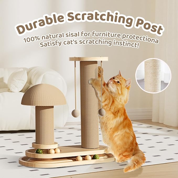 Cat Scratching Post- 4 in 1 Cat Scratch Post Kitten Toys for Indoor Cats, Wooden Cat Scratcher with 2 Level Cat Track Ball, Interactive Cat Feather Toy, Mushroom Cat Scratcher and Sisal Hanging Ball