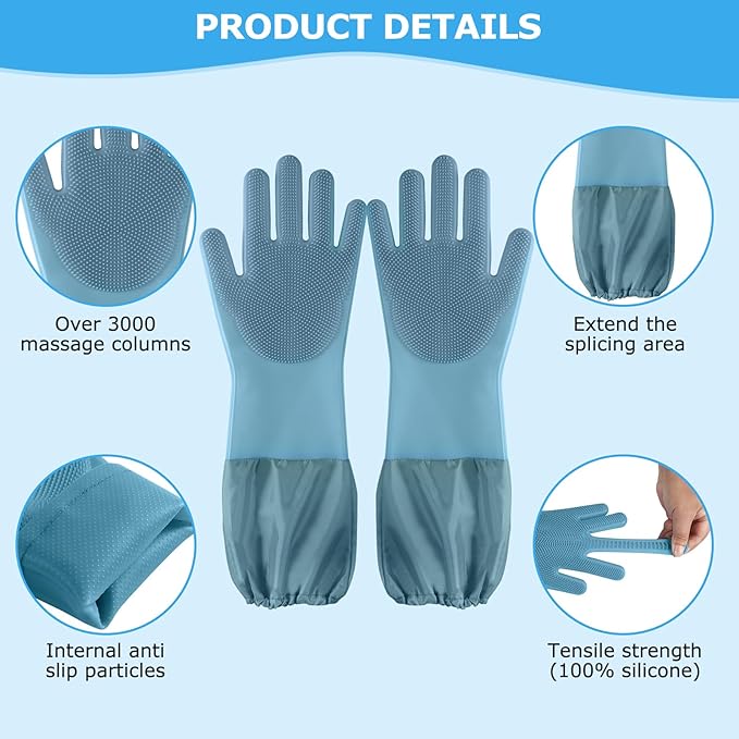 Dog Washing Gloves | Pet Grooming Gloves | Extra Long Arms (17.3") for Cats & Dogs | Massage & Hair Removal Pet Glove (Hazy Blue)
