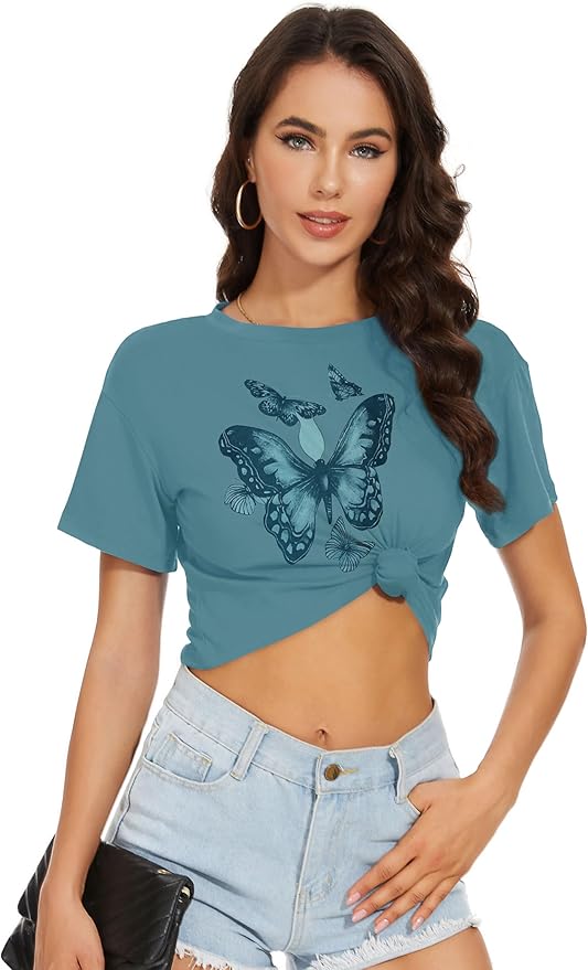 Womens Summer Crop Tops Short Sleeve Round Neck T-Shirts Loose Fit Casual Blouse