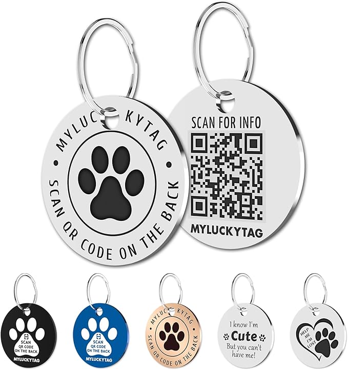 MYLUCKYTAG QR Code Stainless Steel Pet ID Tag - Personalized Online Profile, Location Alert Email, Digital ID, Durable Dog Collar Tag