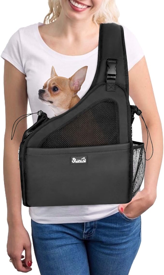 SlowTon Pet Dog Sling Carrier, Hands Free Hard Bottom Papoose Small Animal Puppy Up to 6 lbs Travel Bag Tote Breathable Mesh Support Adjustable Padded Strap Pocket Safety Belt Machine Washable