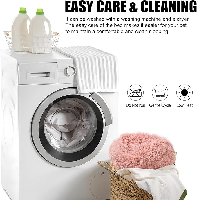 Calming Dog Beds & Cat Cave Bed with Hooded Cover,Washable Round Beds for Small Medium Pets,Anti-Slip Faux Fur Fluffy Coved Bed,Comfortable Warming Pet Bed(16 * 16inch,Leather Pink)