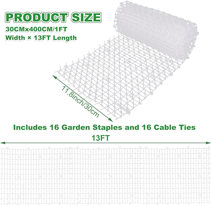 1 Pcs White Cat Scat Mat with 16 Garden Staples, 1FT Width × 13FT Length Cat Repellent Mat, Cat Deterrent Mat for Indoor and Outdoor to Keep Pet Away