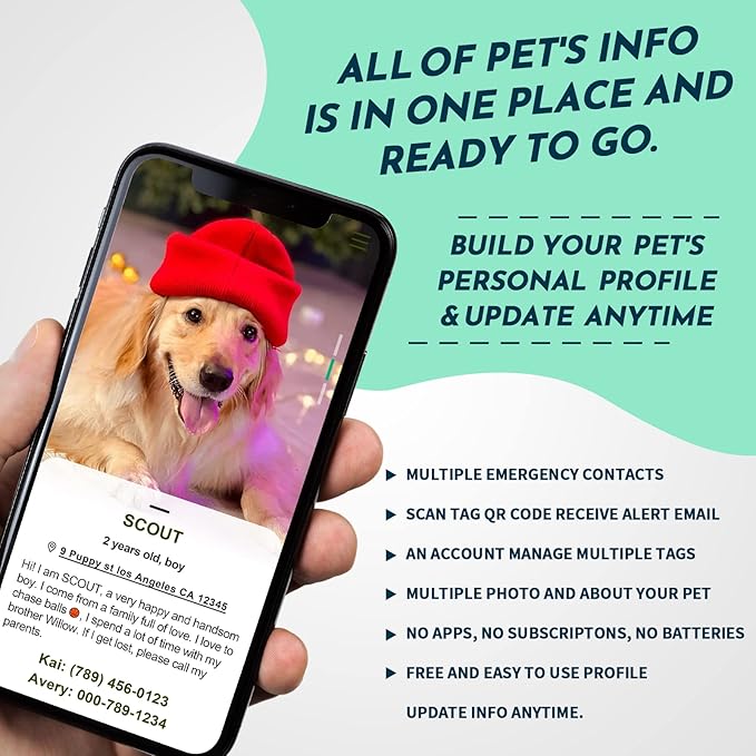 MYLUCKYTAG QR Code Silicone Pet ID Tag for Dogs and Cats - Online Profile, Location Alert Email, Digital and Quiet Tag, Durable Collar ID, Engraved