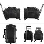 Leather Pet Carrier with Wheels, Airline Approved Travel Bag for Small Dogs & Cats Under 15 lbs, Rolling Pet Carrier for Airplane, Camping & Outdoor Black