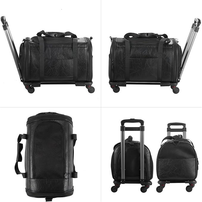 Leather Pet Carrier with Wheels, Airline Approved Travel Bag for Small Dogs & Cats Under 15 lbs, Rolling Pet Carrier for Airplane, Camping & Outdoor Black