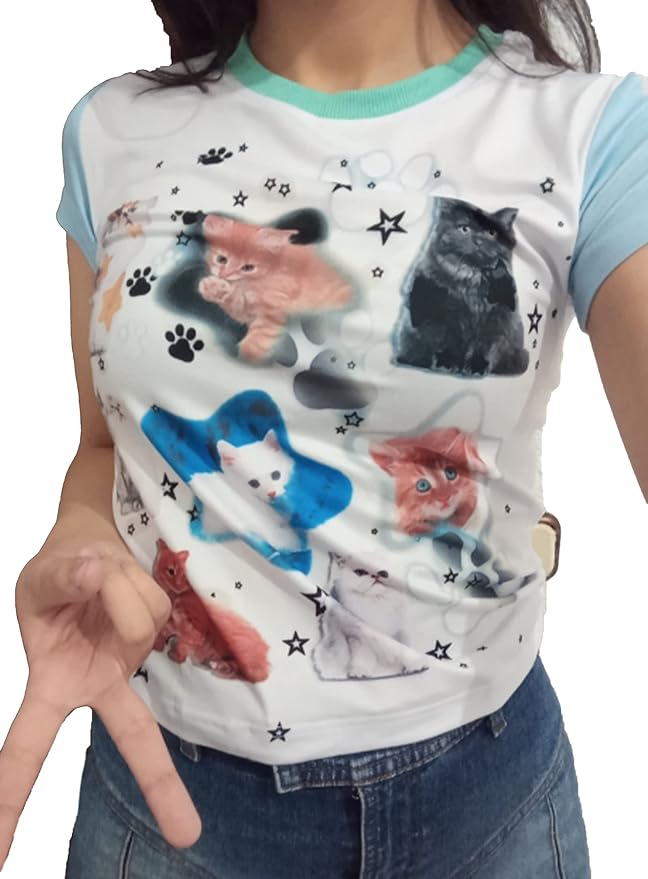 Womens Short Sleeve Cat Graphic Y2k T Shirts Summer Tees Tops for Teen Girls