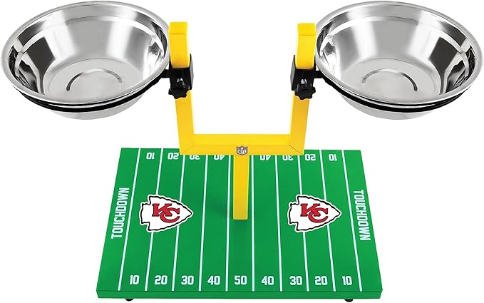 NFL Kansas City Chiefs Goalpost Football Field Dog Feeder – Adjustable Elevated Dog Bowls with Stand, 2 Stainless Steel Bowls, Non-Slip Rubber Feet, Raised Pet Feeder for Large & Small Dogs, Cats.
