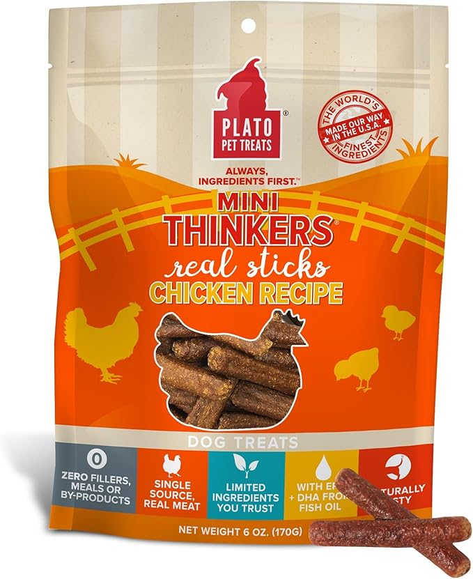PLATO Mini Thinkers Sticks - Natural Dog Treats - Real Meat - Air Dried - Made in the USA, Chicken Flavor, 6 ounces