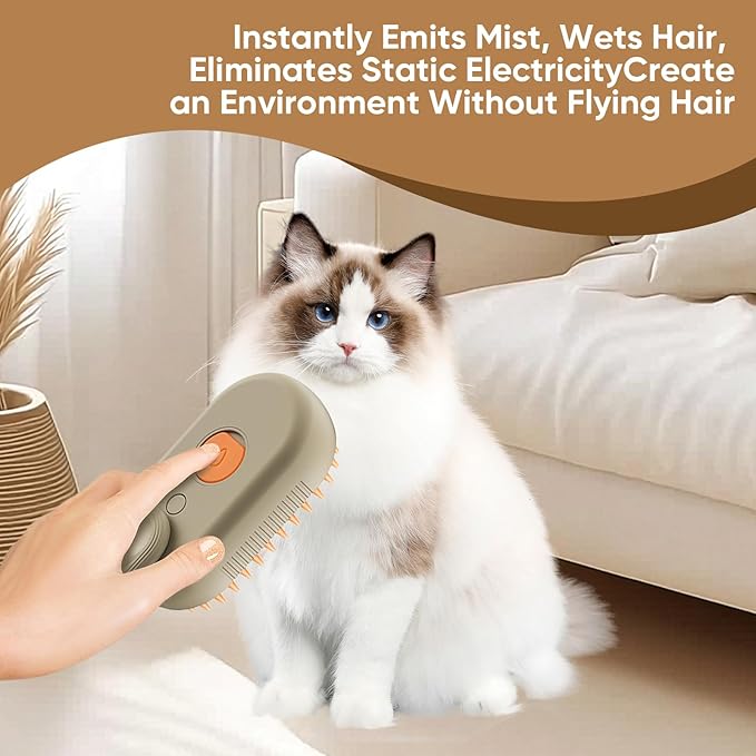4-in-1 Cat Steam Brush for Shedding – Self-Cleaning Comb for Long and Short Hair Cats and Dogs, Steam Pet Brush for Hair Removal, Vibrating Message, Grooming & Relaxation (Khaki)