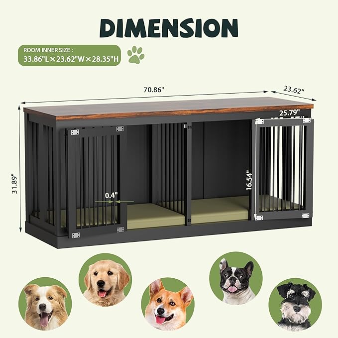 71" Dog Crate Furniture, Large Dog Kennel Furniture, Wood Double Dogs Crate Furniture Large Breed, Dog Crates for 2 Dogs Furniture, Black