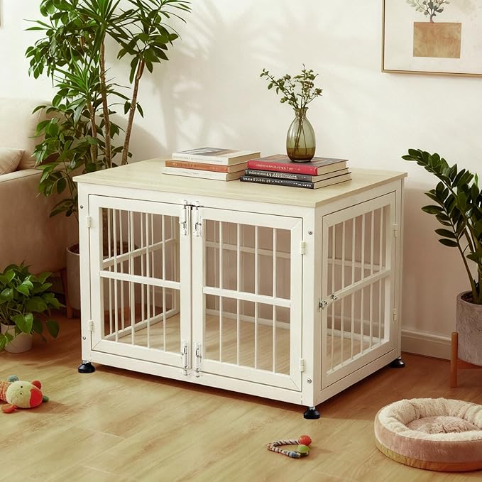 40 Inch Dog Crate Furniture for Large Medium Dogs, Wooden Heavy Duty Dog Kennel with Double Doors, Decorative Pet House Dog Cage Side End Table Indoor, Pet Cage Dog House, Beige