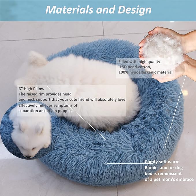 Comfy Calming Dogs Bed for Deep Sleep Small Puppy ，Puppy Bed with Fluffy Donut is for Anxiety Small Dogs，19" Round Soft Faux Fur Pet Bed for Small Dogs Under 15 lbs Machine Washable Blue