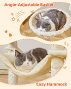 Taoqimiao Cat Tree, 66.2-Inch Cat Tower for Indoor Cats, Plush Multi-Level Cat Condo with 7 Scratching Posts, 2 Perches, 2 Caves, Hammock, 2 Pompoms, Beige MS013M