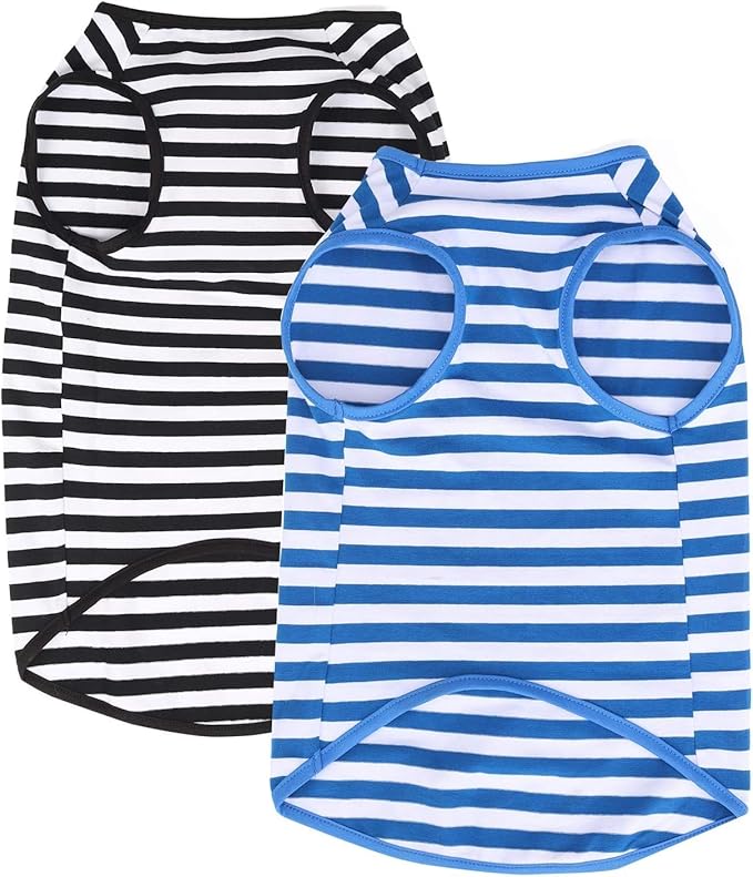 WEONE Dog Shirts Striped Cotton Clothes,Pet Breathable Soft Basic T-Shirt for Small Medium Larg Boy Girl Dogs,Black Blue M