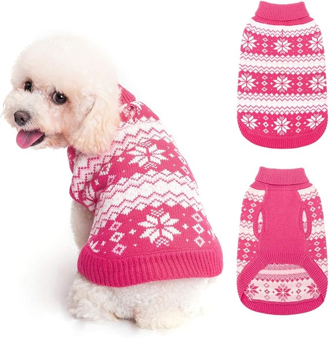 KOOLTAIL Cable Knit Dog Sweater Turtleneck, Cold Weather Pullover Classic Knitwear, Snowflake Pattern Thick Warm Winter Pet Clothes, Dog Christmas Sweater for Small Medium Large Dogs Girl, Pink SM