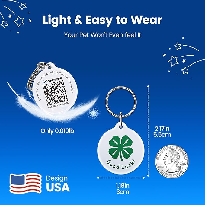 QR Code Pet ID Tags for Dogs & Cats [5-Pack] Luck Charm Design, Waterproof, Smart Personalized Dog Tags with Modifiable Profile & Emergency Contact, QR for Instant Location Alerts