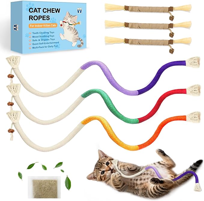 Cat Chew Rope Toys 6Pcs with Catnip, Indoor Cat Teething Toys for Kittens, Interactive Catnip Kitty Toys for All Breeds (3PCs Chew Rope & 3PCs Silvervine Sticks)