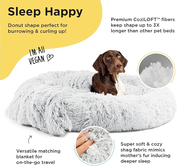 Best Friends by Sheri Bundle Set The Original Calming Shag Donut Cuddler Cat and Dog Bed + Pet Throw Blanket Frost Extra Large 45" x 45"