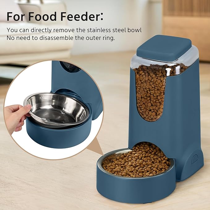 2 Pack Automatic Cat Feeder and Dog Food Feeder, Gravity Stainless Steel Water Dispenser and Waterer Set for Small Medium Puppy Kitten Pets (1 Gallon x 2, Navy Blue)