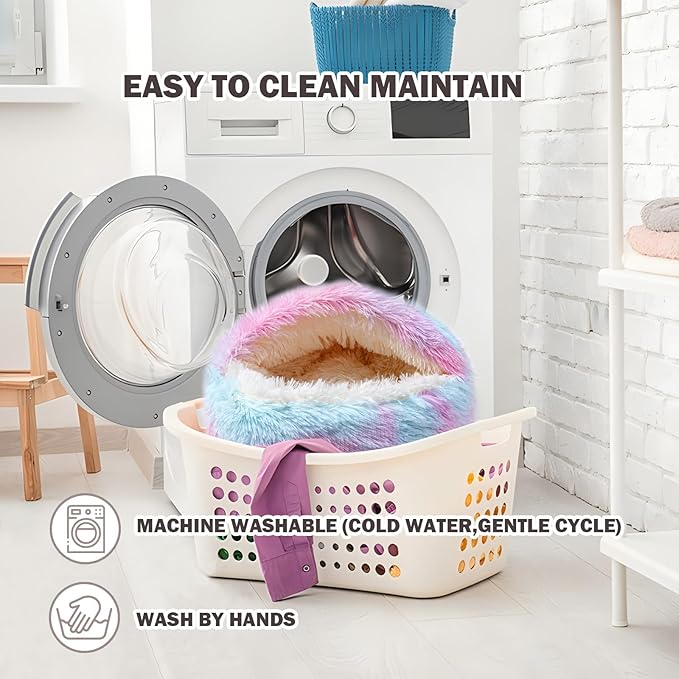 Cat Bed Calming Cat Beds,Indoor Washable Cat Bed，Anti-Slip Faux Fur Fluffy Cuddler Anxiety Cat Bed,Warming Cuddler Cushion Bed for Small Medium Dogs and Cats (Dazzling colors, 20*20inch)