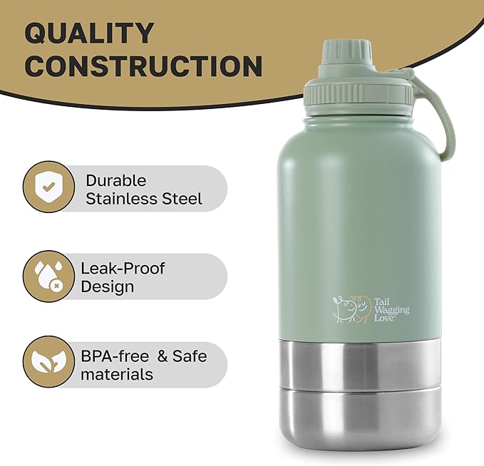 32oz 3-in-1 Portable Travel Water Bottle, Food & Hydration Bottle - Dual Use for Humans & Pets with Detachable Bowls, Stainless Steel, Keeps Water Hot for 6hrs & Cold for 12hrs