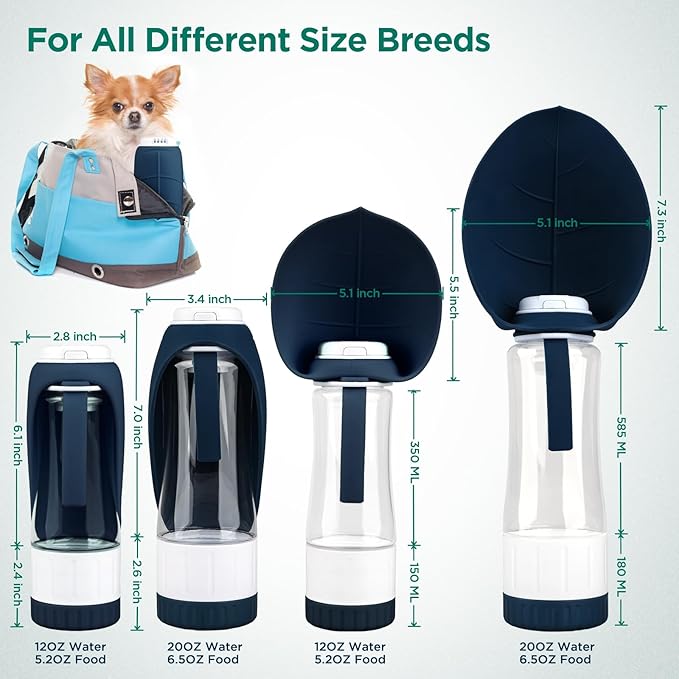 Dog Water Bottle, Pet Water Bottle with Food Container and Drinking Feeder, Leak Proof, BPA-Free, Portable Foldable Puppy Water Cup Dispenser for Outdoor Walking, Travel, Small Dark Blue