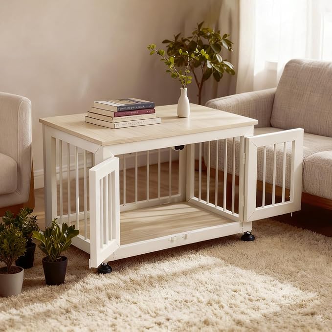 26 Inch Dog Crate Furniture, Heavy Duty Dog Crate for Small Dogs, Indestructible Cage for High Anxiety Dogs with Wooden Table for Indoor Decorative, Escape-Proof Locks & Double Door Cage