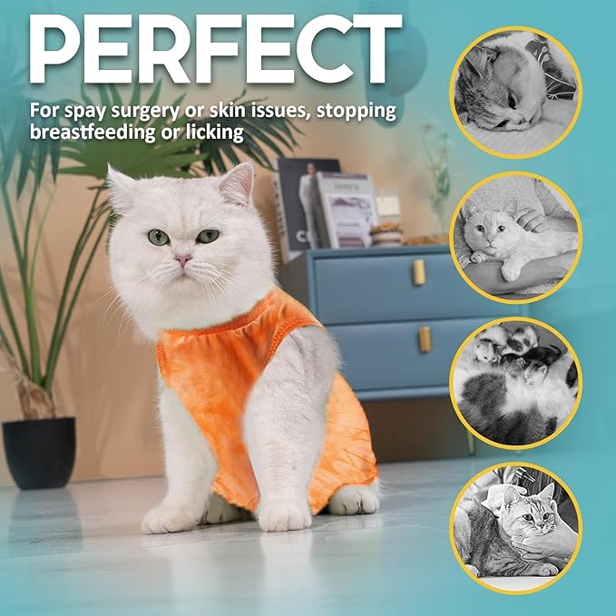 Avont Cat Recovery Suit - Kitten Onesie for Cats After Surgery, Cone of Shame Alternative Surgical Spay Suit for Female Cat, Post-Surgery or Skin Diseases Protection -Tie-dye Orange(M)