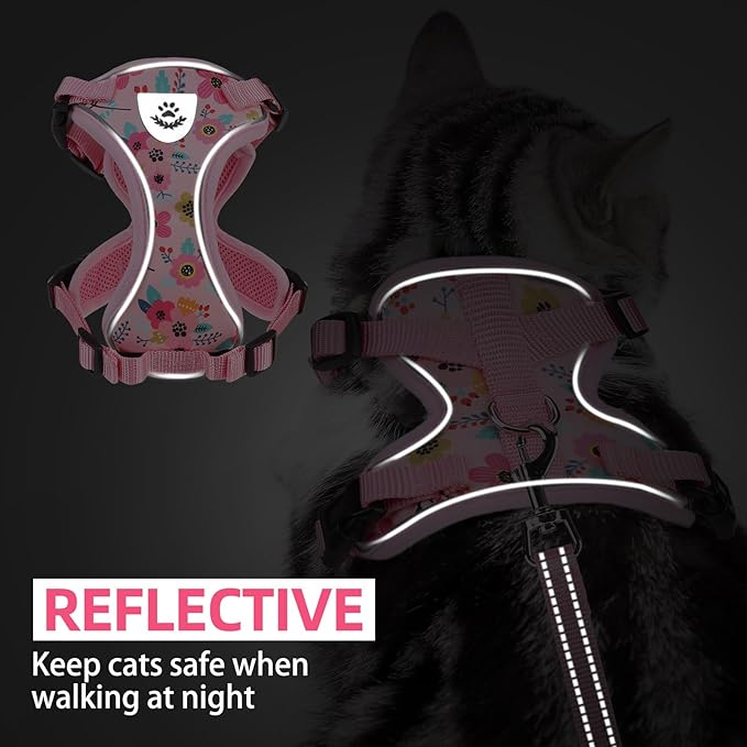 PUPTECK Cat Harness and Leash Set Escape Proof Reflective Cat Walking Harness Adjustable Soft Breathable Mesh Vest for Small Pets, Pink Flowers, S