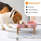 Elevated Ceramic Dog Bowl Set - Raised Dog Bowls with Non Slip Bamboo Stand, Food and Water Bowl Set for Kitty, Cats and Toy Breed Dogs, Pet Bowls, Weighted Dogs Dishes (5.1'', 2*16OZ, Pink)