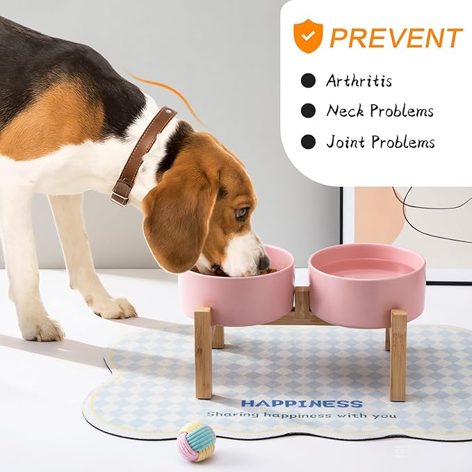 Elevated Ceramic Dog Bowl Set - Raised Dog Bowls with Non Slip Bamboo Stand, Food and Water Bowl Set for Kitty, Cats and Toy Breed Dogs, Pet Bowls, Weighted Dogs Dishes (5.1'', 2*16OZ, Pink)