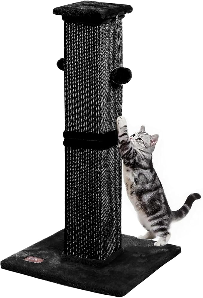 Cat Scratching Post, 33Inch Tall Cat Scratch Post for Indoor Cats Adults and Kitten, Sisal Cat Scratcher with Hanging Balls (Black)