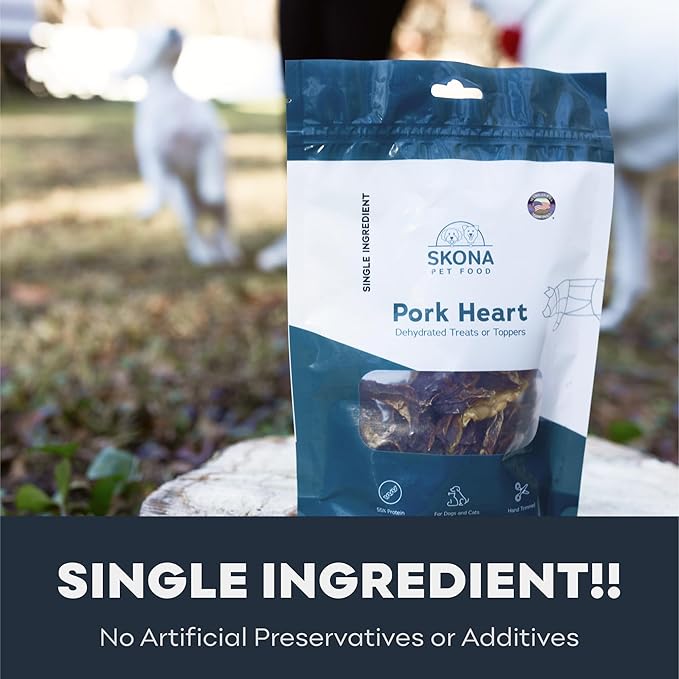 Skona PetFood Pork Heart Jerky Dog & Cat Treats, Single-Ingredient, High Protein Training Snacks, Natural & Healthy, USA Made, Rich in Nutrients, Supports Heart, Eye & Dental Health, 4oz
