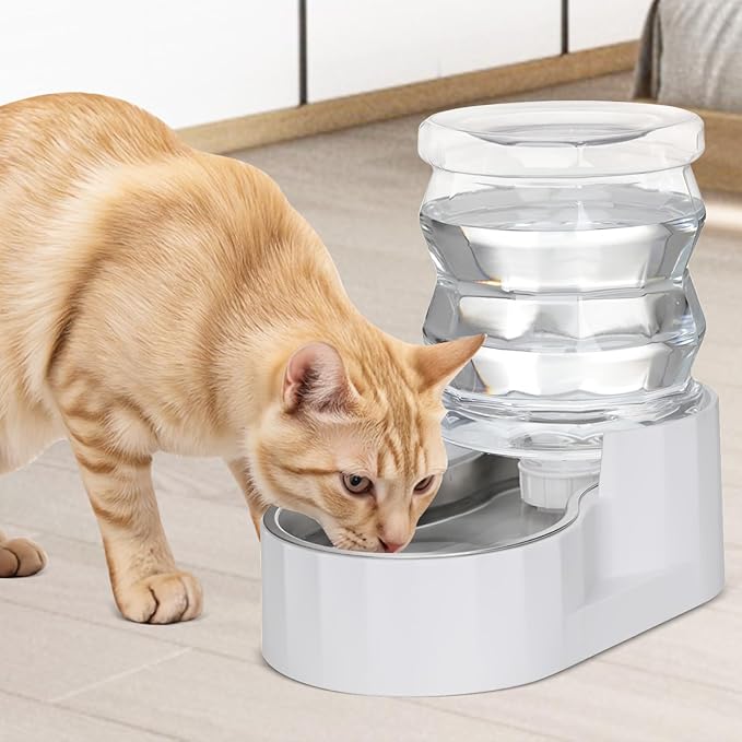 RIZZARI Gravity Water Bowl Dispenser for Cats: 4L White Automatic Stainless Steel Dog Feeder Without Filter - for 8-20LB Elderly Pets with Joint Spine Pain - for Kitchen Bedroom