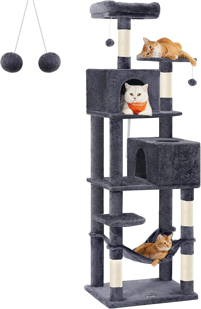 Feandrea Cat Tree, 75.2-Inch Cat Tower for Indoor Cats, Plush Multi-Level Cat Condo with 5 Scratching Posts, 2 Perches, 2 Caves, Hammock, 2 Pompoms, Smoky Gray UPCT191G01
