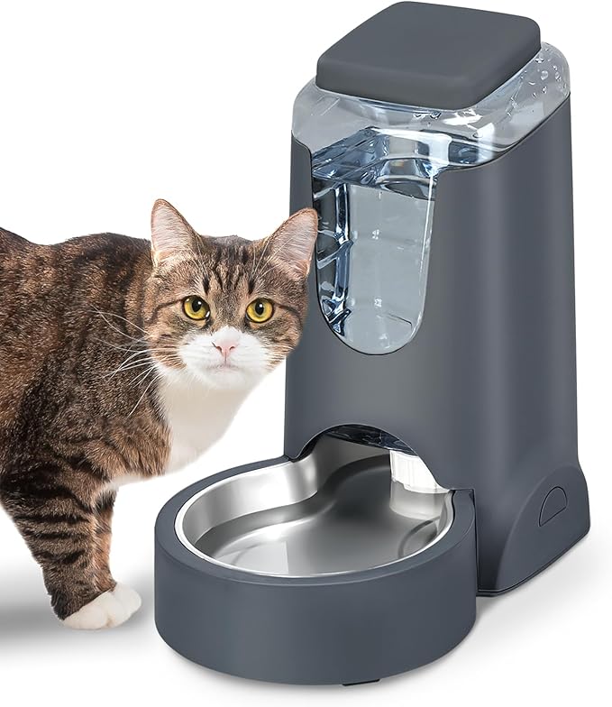 Automatic Cat Feeder Water Dispenser with Stainless Steel Bowl Dog Gravity Food Waterer for Small Medium Pets 1 Pack (Dark Grey)