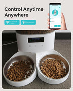 Automatic Cat Feeder - Cat Food Dispenser for 2 Cats MeowServe S20D, Auto Dog Feeder with Stainless Steel Bowls, 5L Pet Feeder with Patented Anti-Jam Port, App, 2.4G/5G WiFi (White)
