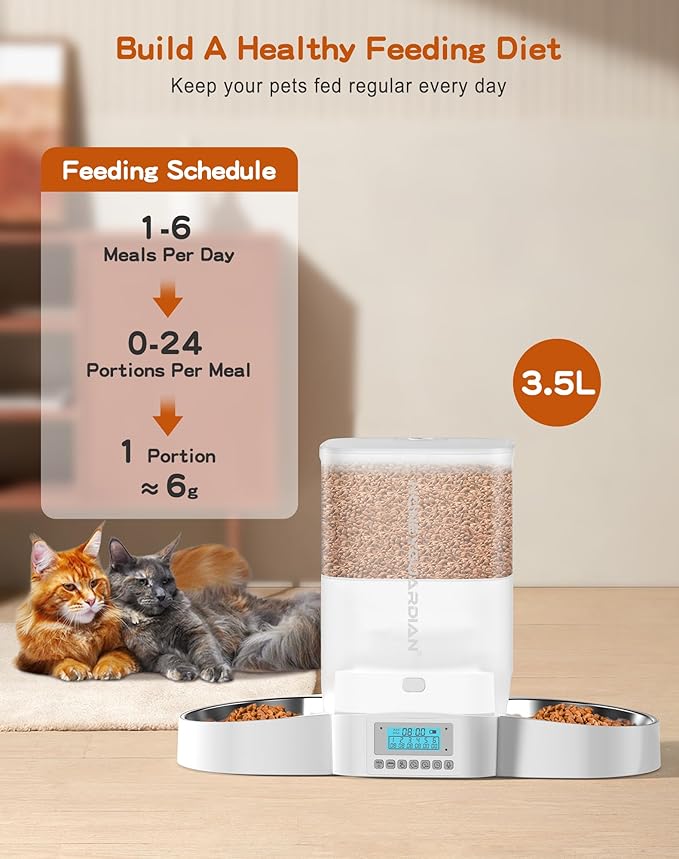 HoneyGuaridan Automatic Cat Feeder for Two,3.5L Cat Food Dispenser with Stainless Steel Bowl,Timed Feeder Programmable 1-6 Meals Control, Dual Power Supply,Desiccant Bag,10s Meal Call
