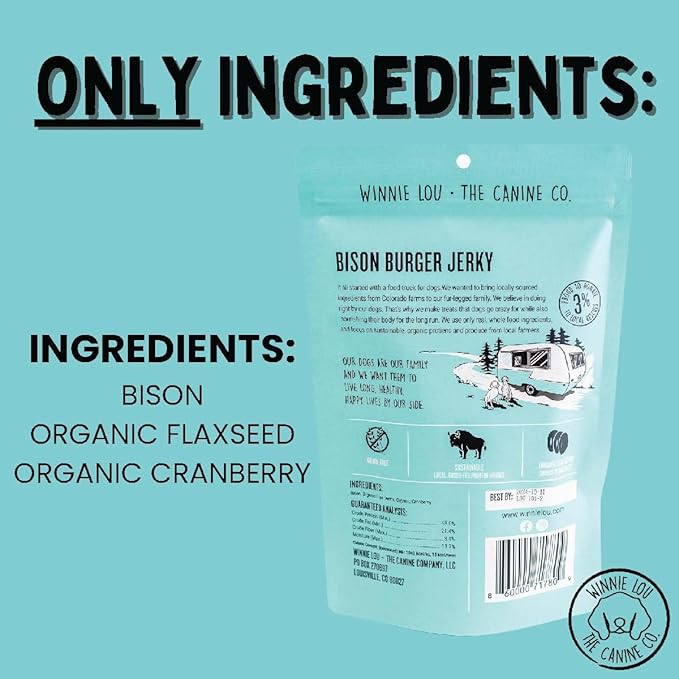 Winnie Lou Bison Burger Jerky Dog Treats – Limited Ingredient, Human Grade, Training Treats for Small, Medium & Large Dogs, Made in USA (1 Pack)