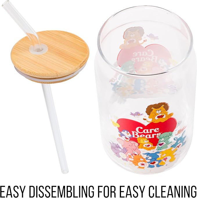 Silver Buffalo Care Bears Heart Cousins Brave Lion Playful Monkey Gentle Lamb Cozy Penguin Lotsa Elephant Bright Raccoon Proud Cat Loyal Dog Treat Pig Swift Rabbit Glass Jar Tumbler w Bamboo Lid, 16oz