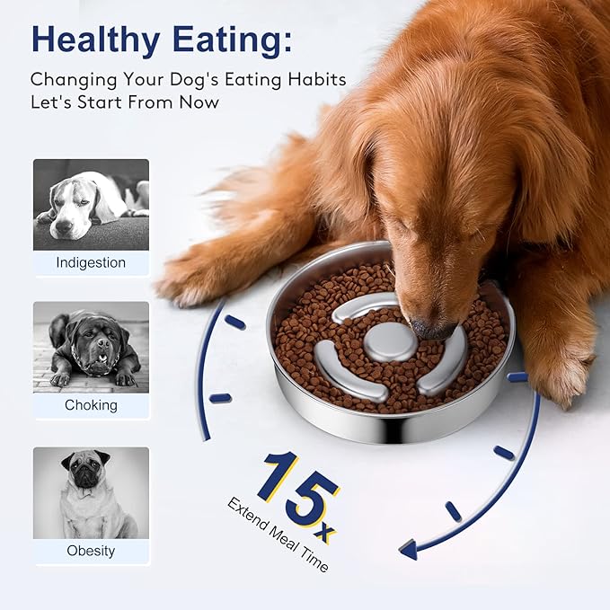 Stainless Steel Non Slip Slow Feeder Dog Bowl, 4 Cup Metal Dog Food Bowl for Medium and Large Dogs, Slows Down Fast Eating Pets, Fun Bloat Stop Pet Bowl