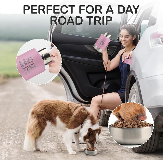 Insulated Dog Travel Water Bottle With Detachable Bowls, Ideal Dog Mom Gifts for Women, Portable Water Bottle Dispenser, For Walking, Hiking, Camping, Outdoor (Pink:Best Dog Mom, 32 Oz)
