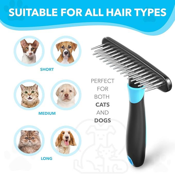 Deshedding Brush - Undercoat Rake for Dogs, Cats, Matted, Short, Long Hair Coats - Double Row Stainless Steel Pins - Reduce Shedding by 90% (Blue)