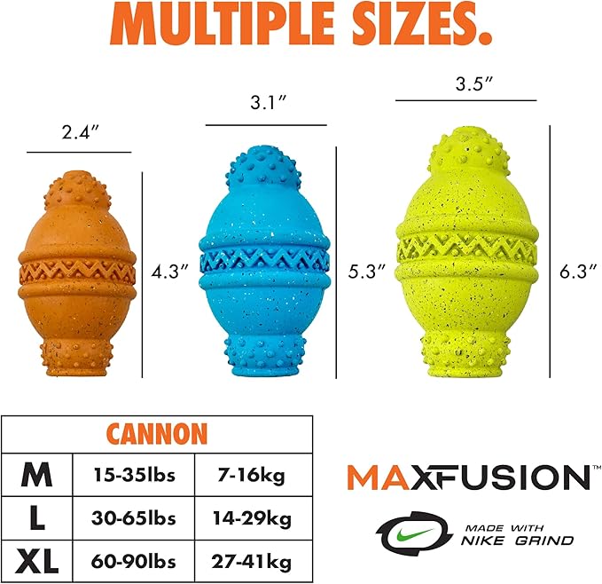 Max Fusion Made with Nike Grind, Arlee Cannon Treat Dispensing Dog Toy for All Dogs, Treat Dispenser, Durable Treat Toys, Natural Rubber Chew Toy, Large, Blue, 1 Count