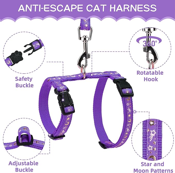 PAWCHIE Cat Harness with Leash and Collar Set - Escape Proof Adjustable H-shped Cat Harness with Star and Moon Pattern Glow in The Dark for Kitty Outdoor Walking, Purple M