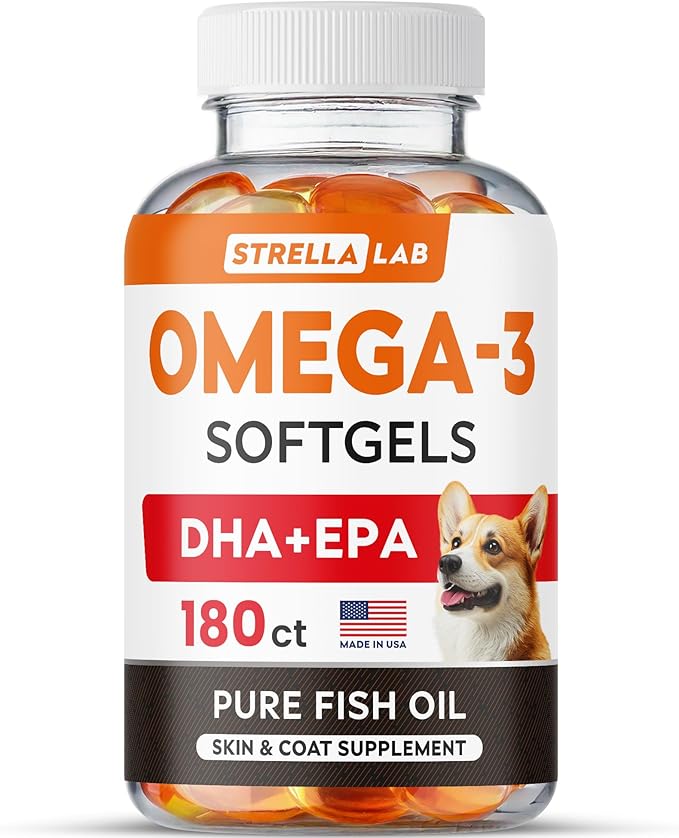 StrellaLab Omega 3 Fish Oil Pills for Dogs (180 Ct) - No Fishy Smell Softgels - EPA + DHA Fatty Acids Reduce Shedding&Itching - Supports Joints, Brain, Heart&Overall Health - EPA&DHA Fatty Acids - USA